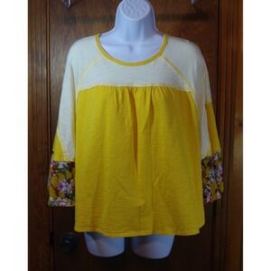 Loveriche‎ Womens Yellow Cream Floral Bell Sleeve Colorblock Top Small LT24561